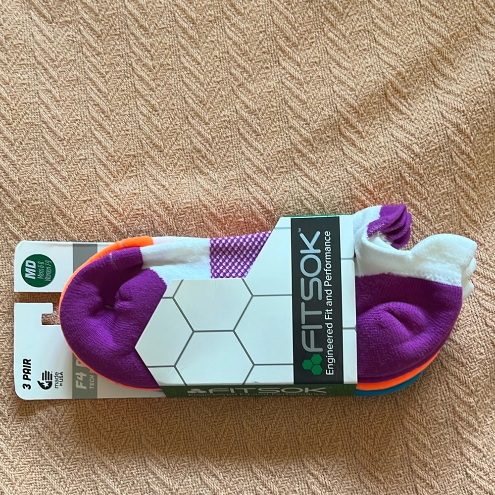 NWT Fitsok 3-pack running sock F4 performance tech JewelPopLow white no show MED